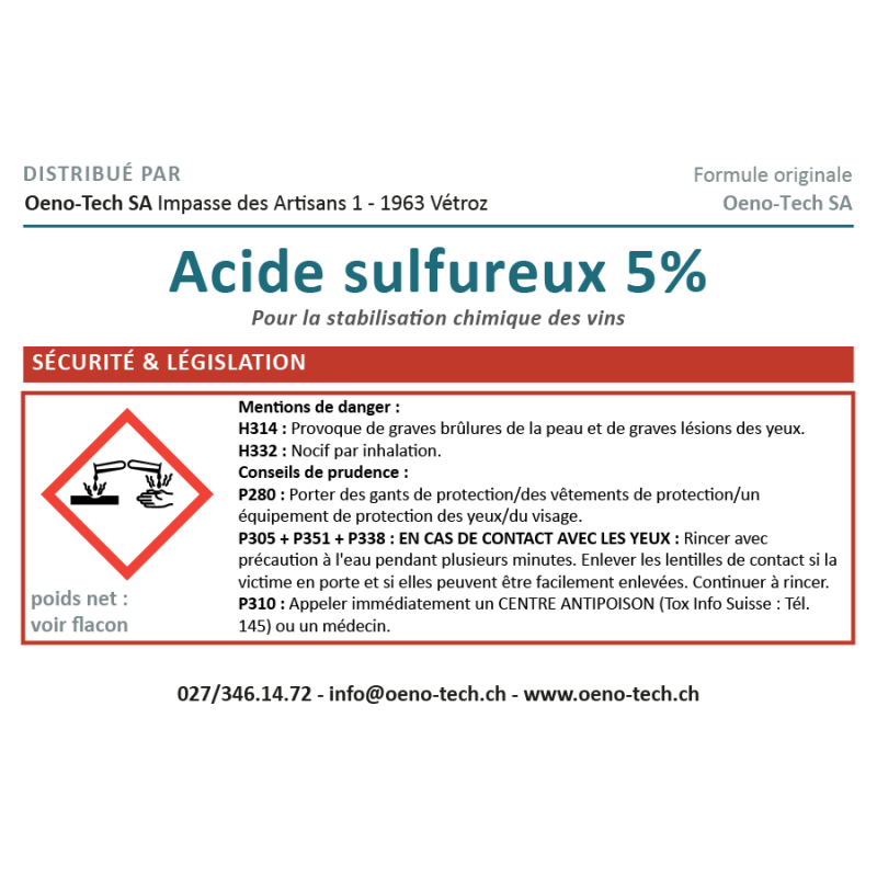 Acide Sulfureux à 5% avec emballage neuf, 1lt